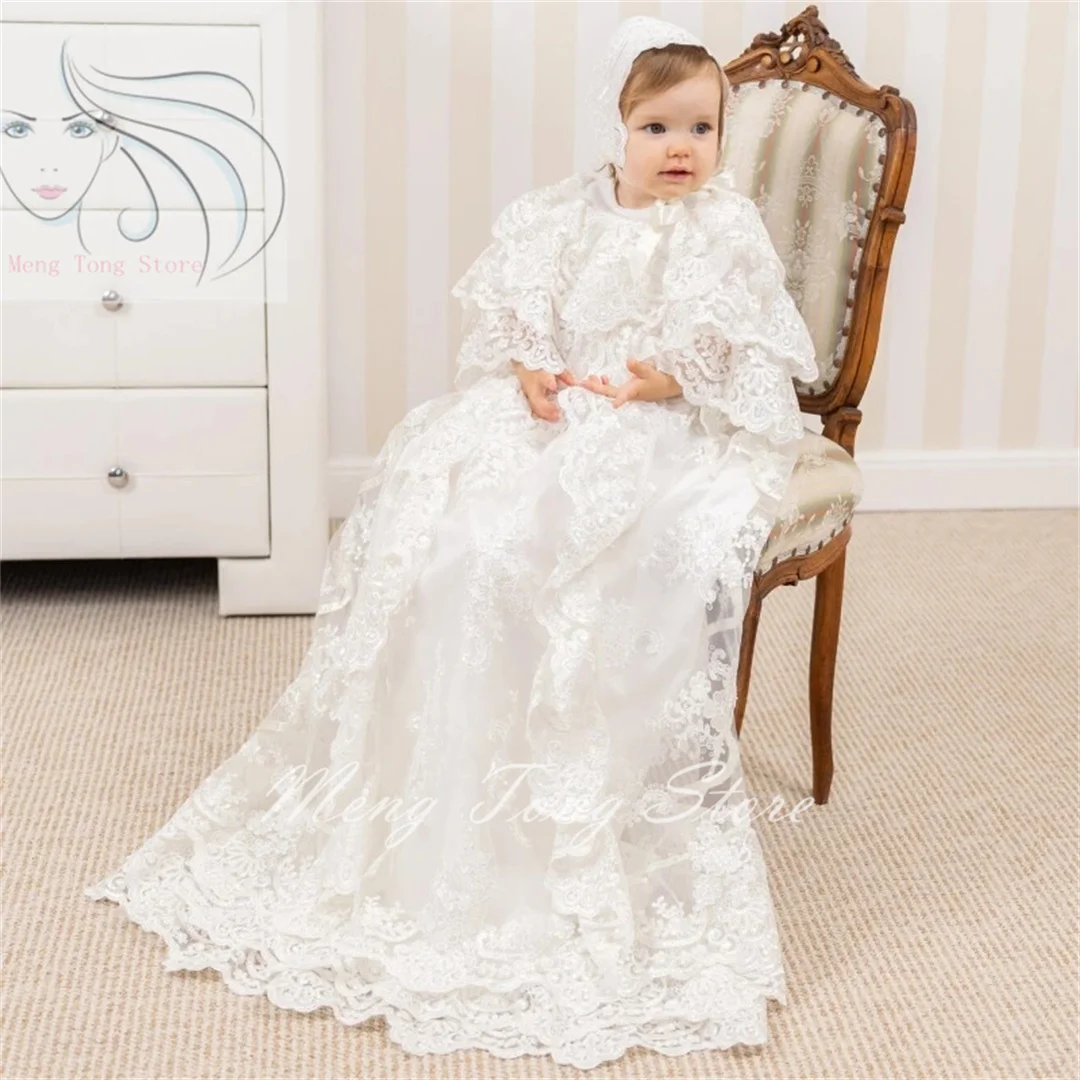 

Baby Dress Flower Girl Dresses White Lace Appliques Flower Pattern Long Sleeve For Wedding Birthday Party First Communion Gowns