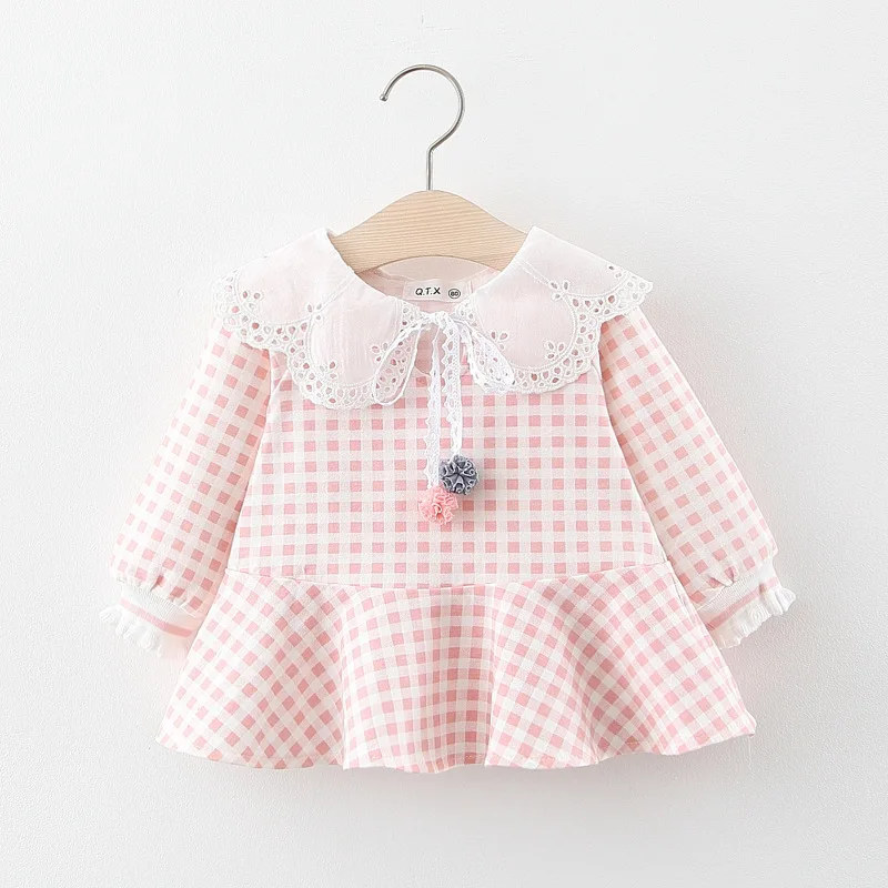 

Girls' spring dress 2023 autumn children's checked dress children's doll neck long-sleeved princess dress 0-3 years old