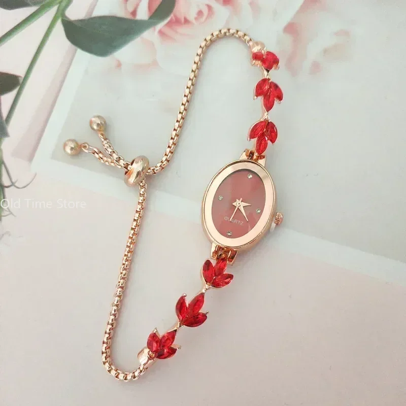 New Elegant Watch for Women Rhinestone Inlaid for Clover Lady Watches Oval Fashion Quartz Wristwatch Bracelet Clocks Reloj Mujer 5