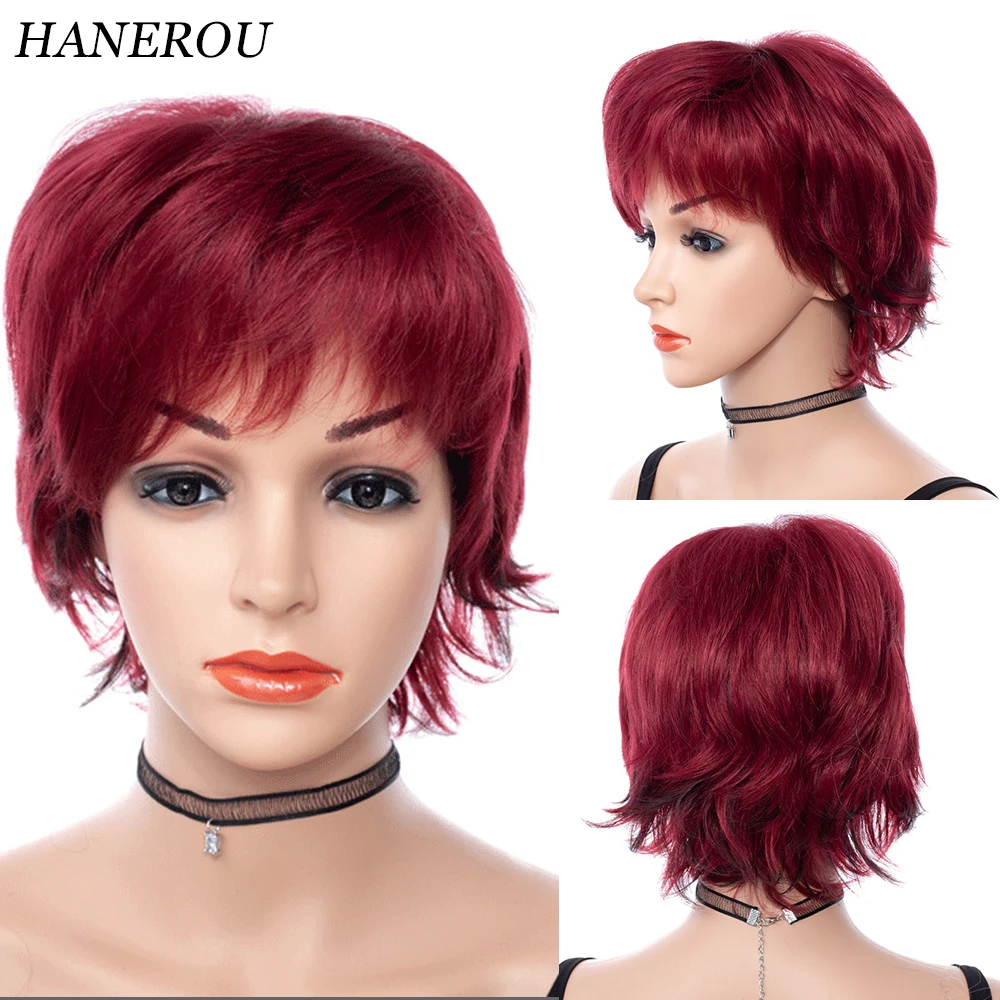 

HANEROU Synthetic Short Straight Wigs Pixie Cut Red Women Natural Hair Heat Resistant Wig for Daily Party Cosplay
