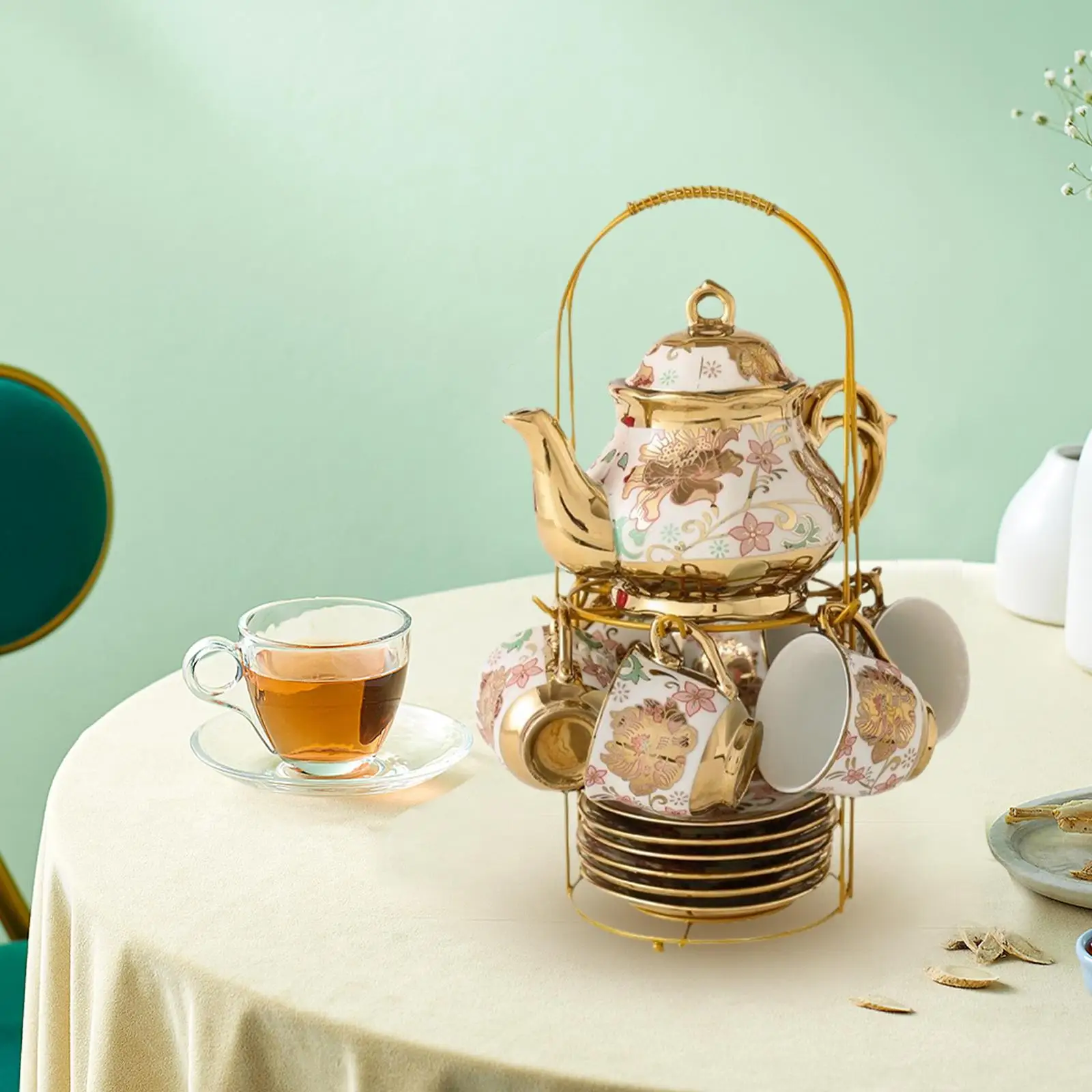 Porcelain Tea Set Coffee Cup Teacup With Saucer Spoons Teapot and Storage Rack Afternoon Tea Cup Set For Party Dining Room