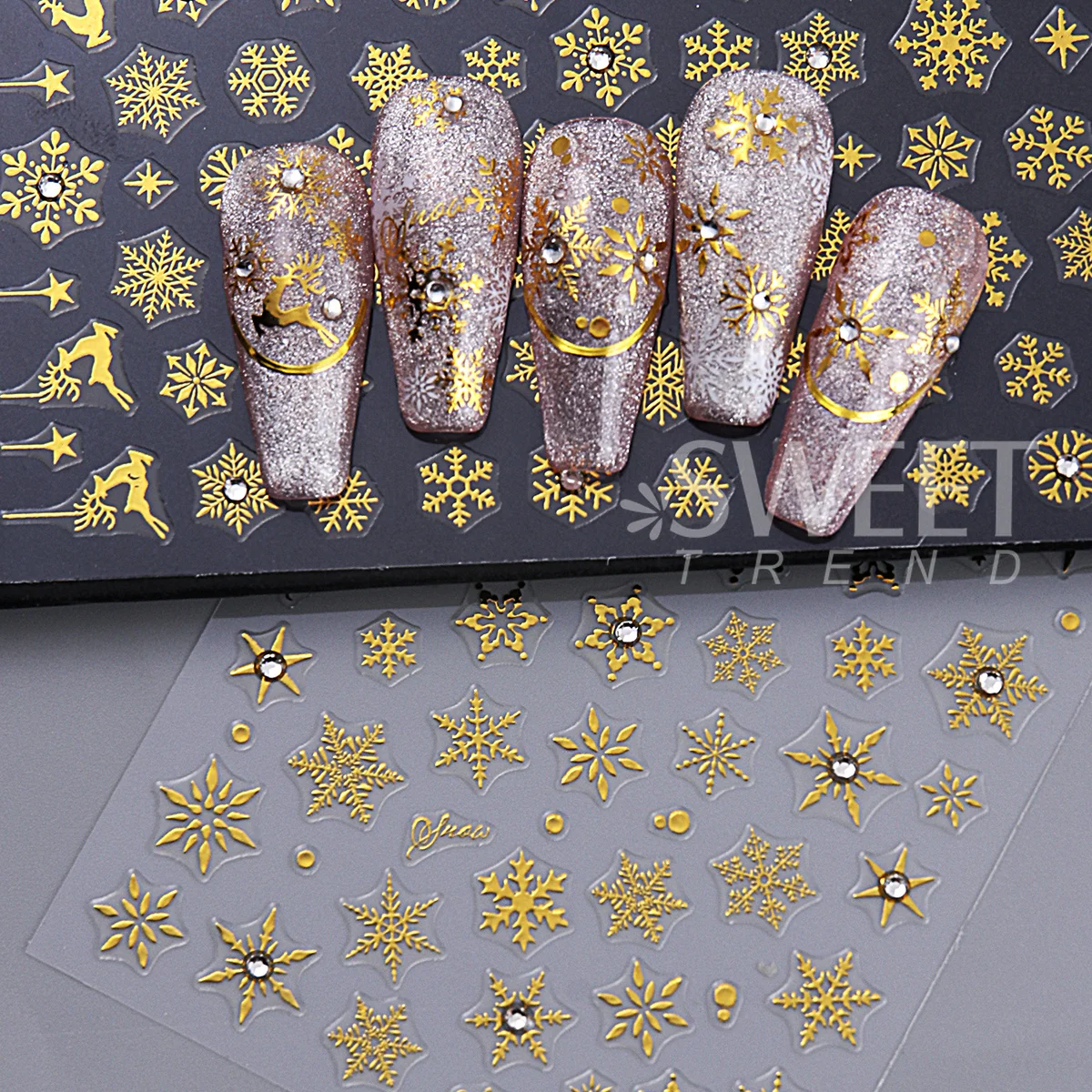 2pcs Bronzing Snowflakes Nail Sticker With Rhinestones Metallic Gold Elk Gems Snowflake Winter Xmas New Year Decor Jewelry Decal