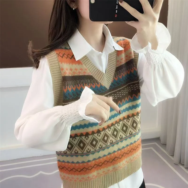 Vintage Fair Isle Jacquard Shawl- Cozy High Neck Pullover for Fall/Winter Dark Gray main image 1