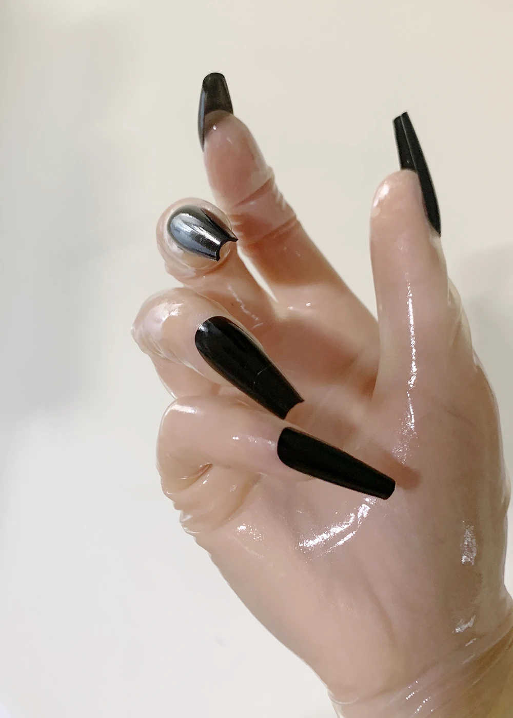 Crossdress Male To Female Oil Shiny Transparent Super Thin Latex Zentai Long Red Flat Nails Fetish Sheer Cosplay Kigurumi Gloves