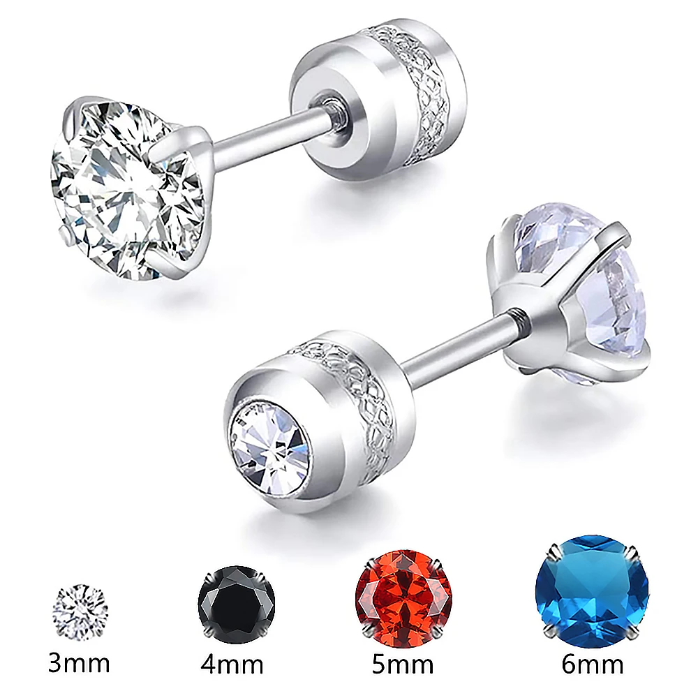 Steel Screw Stud Earrings 20G Tiny Unisex Cartilage Piercing Screw Double Round Cubic Zirconia 2mm to 6mm Earrings Women Korea