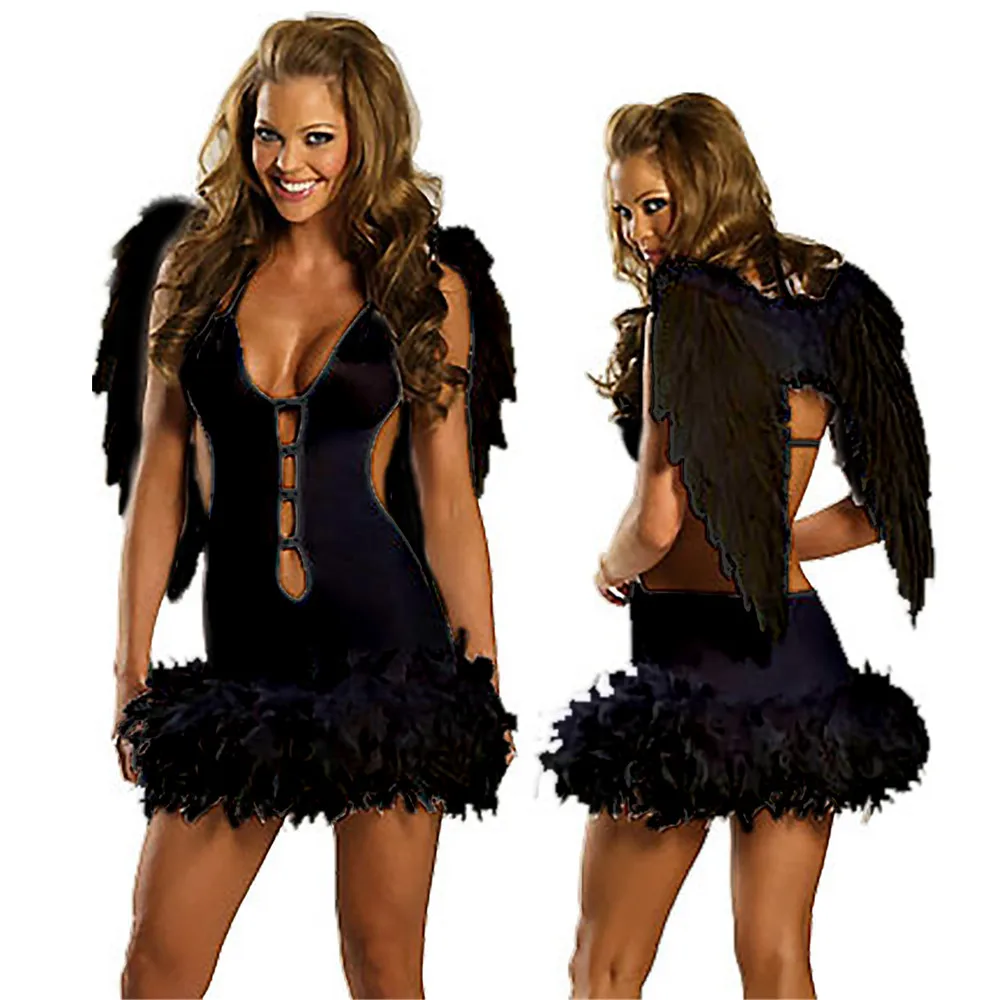 Halloween Costume for Adult Women Sexy Dark Angel Devil Cosplay Costume Female Role Playing Black Angel Dress Costume with Wings