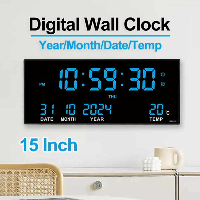 Digital Wall Clock Alarm Temperature Date Calendar Display 8 Sets of Alarm Clocks 14'' Electronic LED Clock Plug in Use