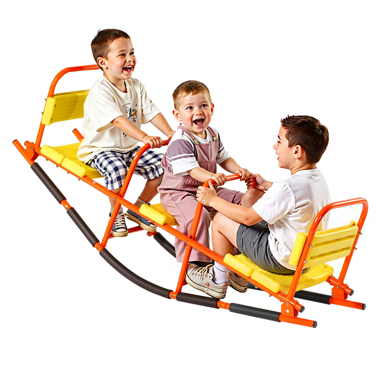 SucceBuy 3 Seats Kids Seesaw Metal Rocking Teeter Totter with Handles Toddler Seesaw for Children Outdoor Playground Equipment