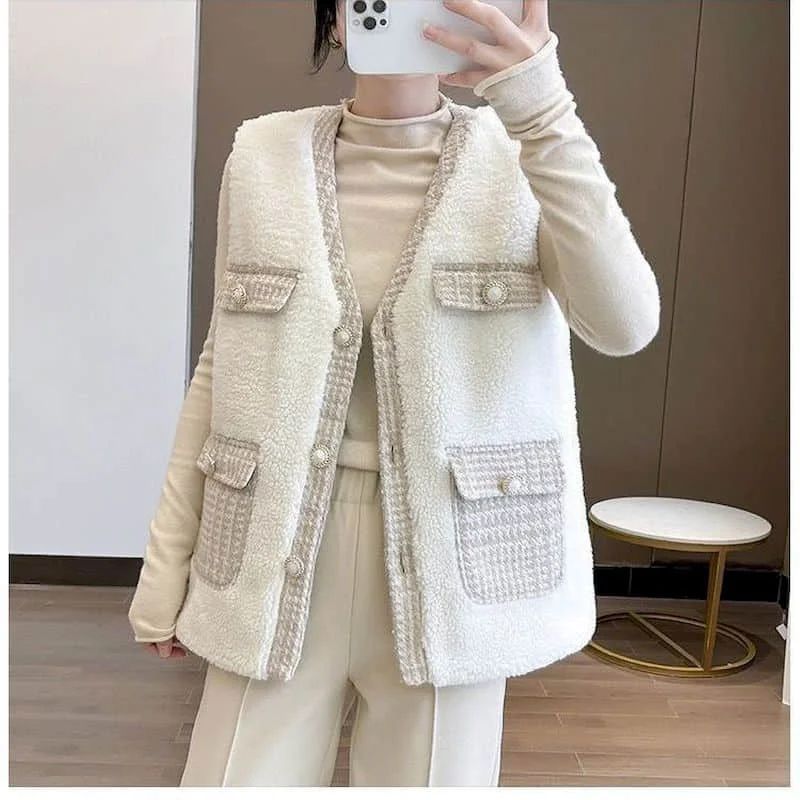 

Fleece Waistcoats for Women Mid Length Plush Vests V-neck Casual Sleeveless Cardigans Oversized Winter Jackets Loose Women Tops