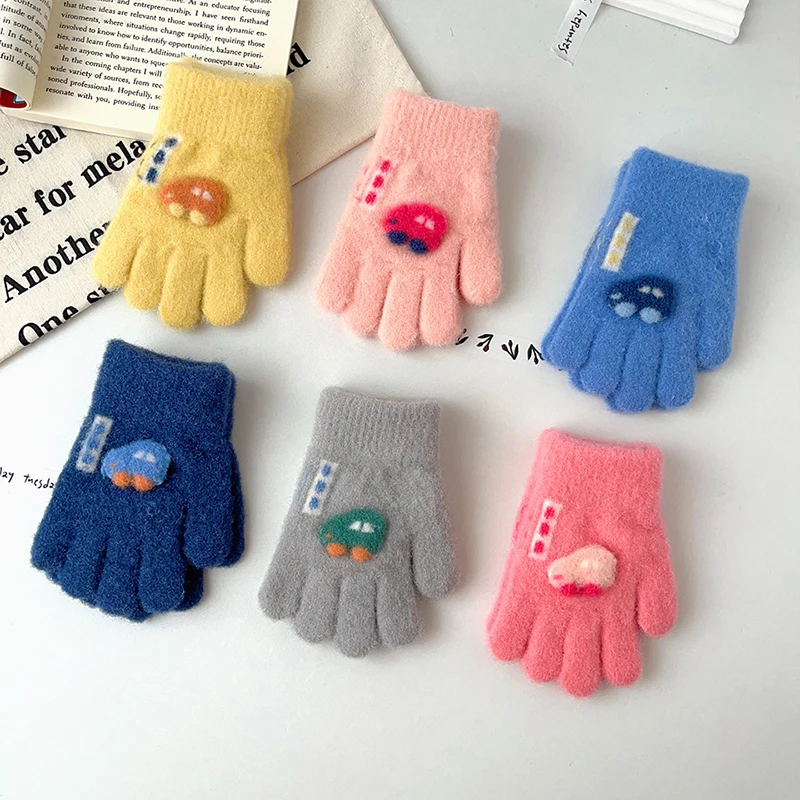 Cartoon Car Baby Gloves Winter Thick Knit Warm Boy Girl Full Finger Mittens Outdoor Windproof Toddler Kids Five Finger Gloves winter gloves,baby mittens