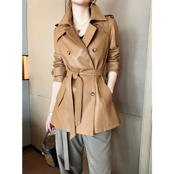Women‘s Genuine Leather Jacket, FashionableOuterwear, Waisted, Mid-Length, Belt, Sheepskin Trench Coat, Spring And Autumn