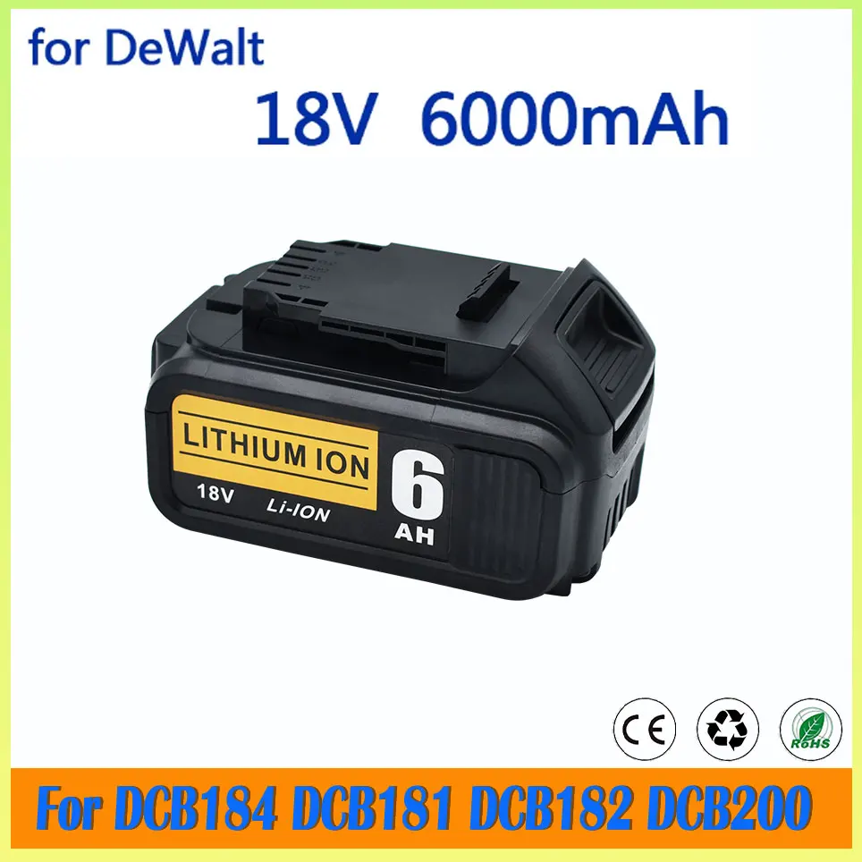 

For DeWalt Electric Tools Replace Battery Pack with 18V 6.0Ah Lithium Battery DCB184 DCB200 Rechargeable Electric Tools Battery