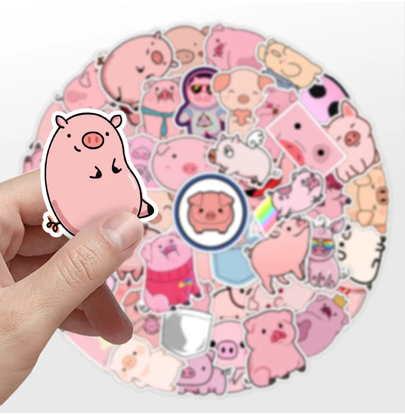50pcs Cute Cartoon Pig Stickers Lively Pink Little Pig Waterproof Stickers Children's Funny