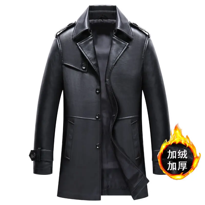 2021 autumn and winter new mid-length men's leather windbreaker jacket casual coat lapel business waterproof black PU coat men's genuine leather coats & jackets Casual Faux Leather