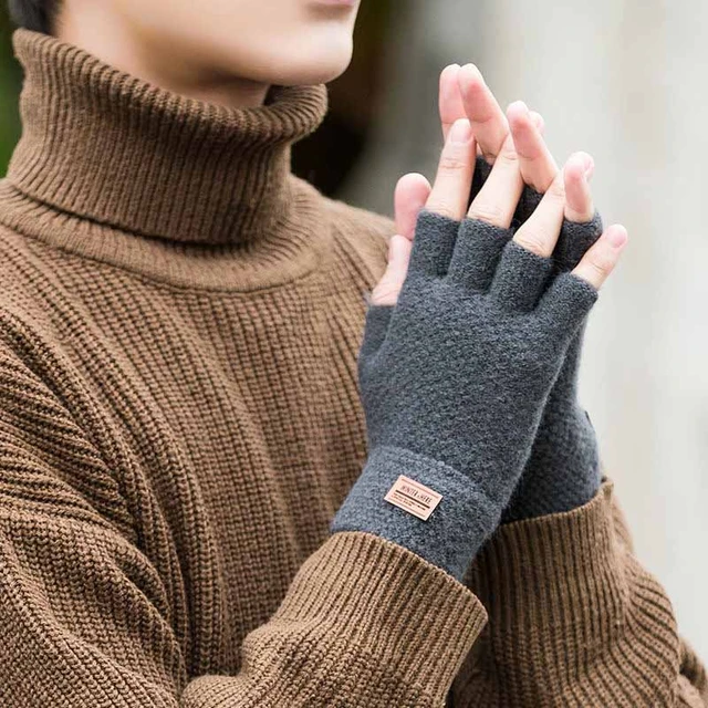 Guantes de invierno sin dedos para hombre, mitones elásticos de medio dedo,  tejidos de lana, cálidos, etiqueta de cuero, guantes gruesos elásticos para  conducir - AliExpress