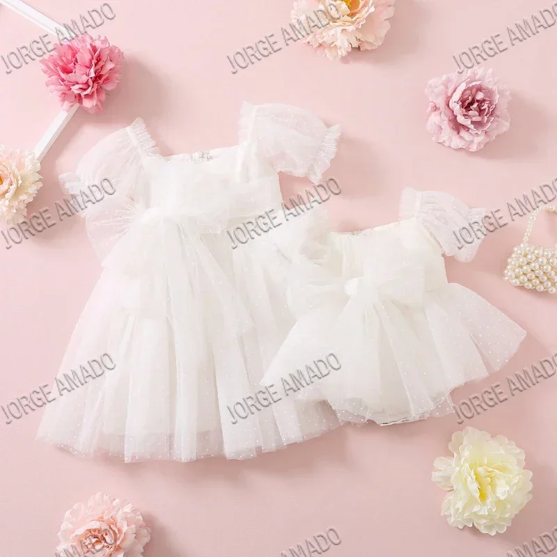 Family Matching Outfits for New Summer Sweet Style Flocking Dot Open Back Dress and Bodysuit for Twins Sisters E1238 AliExpress