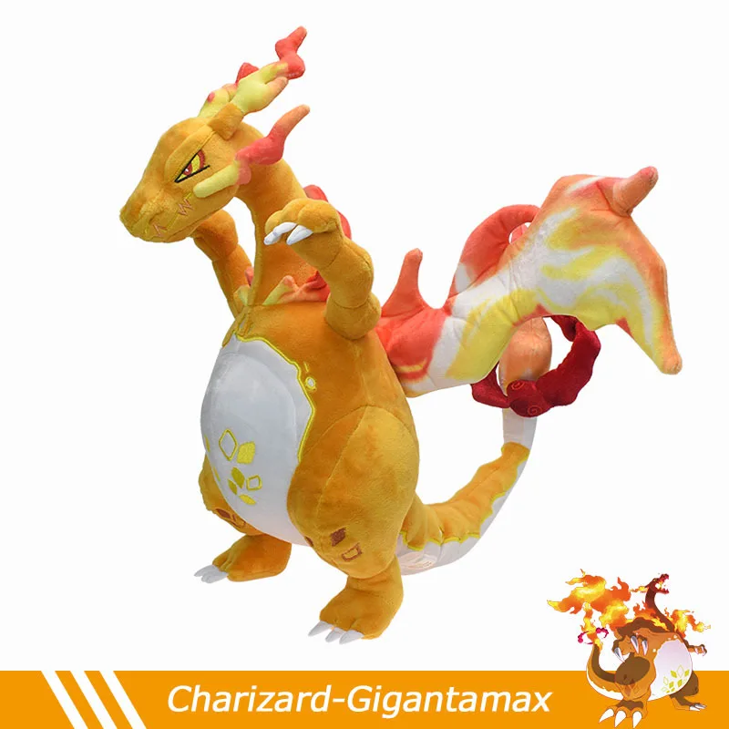 Gigantamax Charizard 플러시 장난감 - 반짝이는 주황색 포즈 가능한 해골, 유연한 와이어가 있는 초대형 수집용 박제 동물 인형