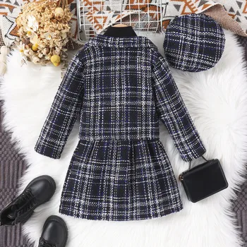 Autumn Winter New Girls High-neck Long-sleeved Top+Tweed Suit Jacket+Skirt+Beret 4Pieces Set Casual Kids Clothing Age 3T-8T 2