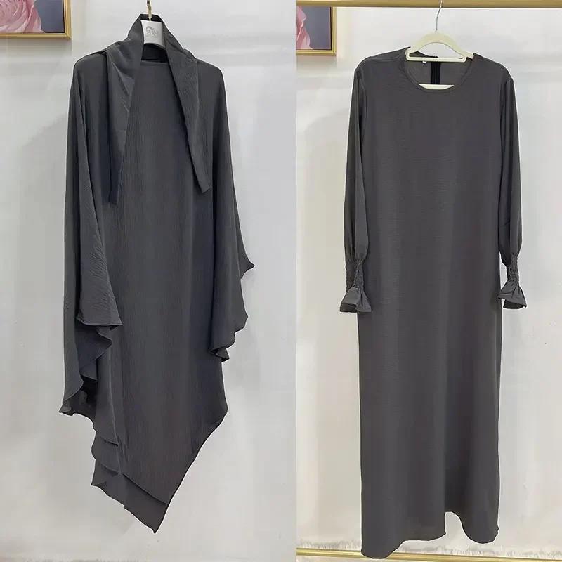Jilbab Set Muslim Women Prayer Outfit Ramadan Eid Islam Clothes Long Khimar with Abaya Dress Dubai Turkey Burqa Kaftan 2 Piece
