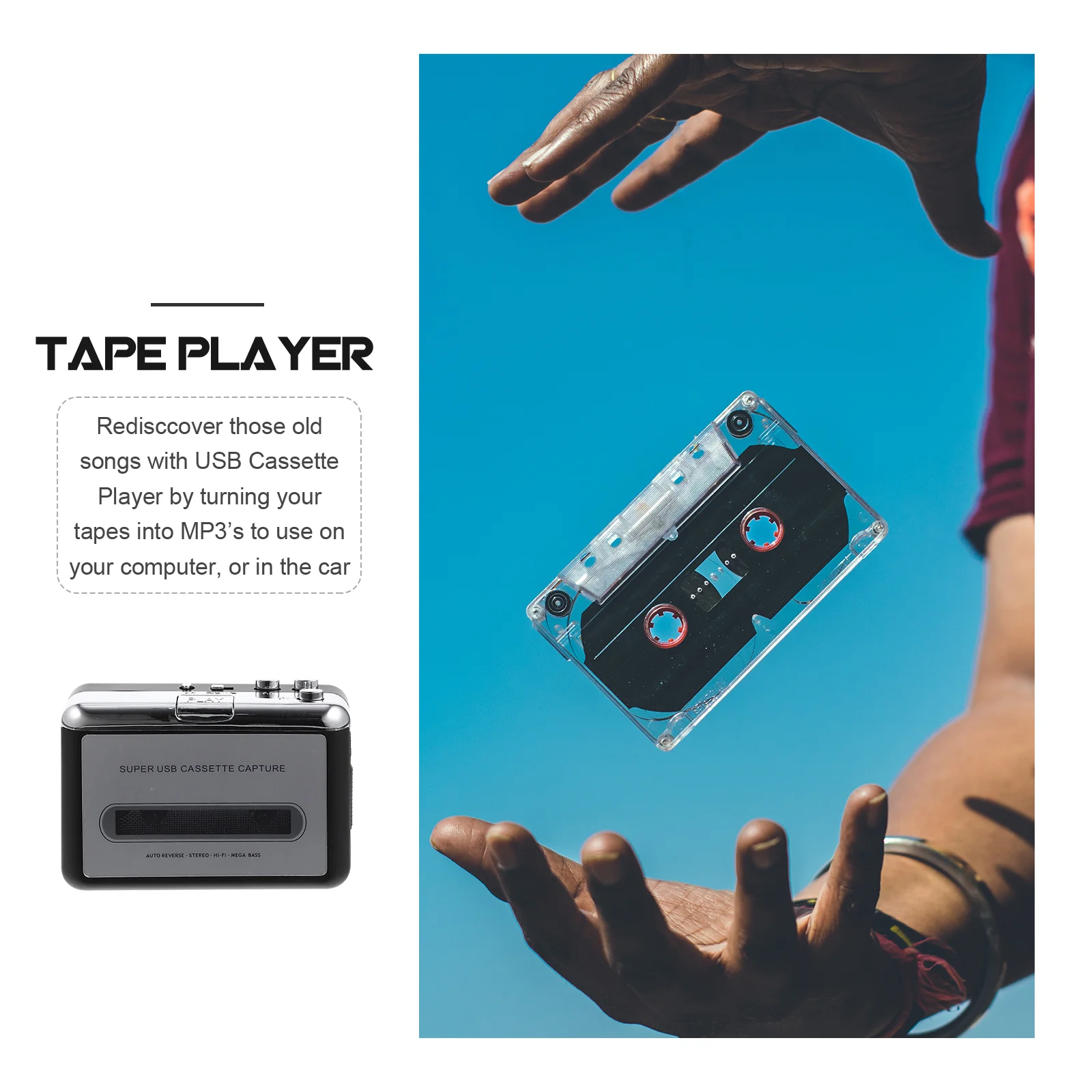 Portable Cassette Tape Transverter Usb Cassette Tape Converter Mp3 High Fidelity Music Player Transverter (Without )