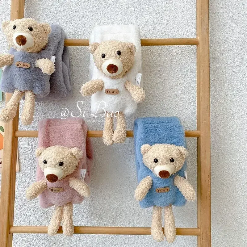 Imitation Rabbit Fur Children Scarf Cute Cartoon Bear Plush Cross Collar Kids Scarf Winter Warm Thicken Boys Girls Scarves