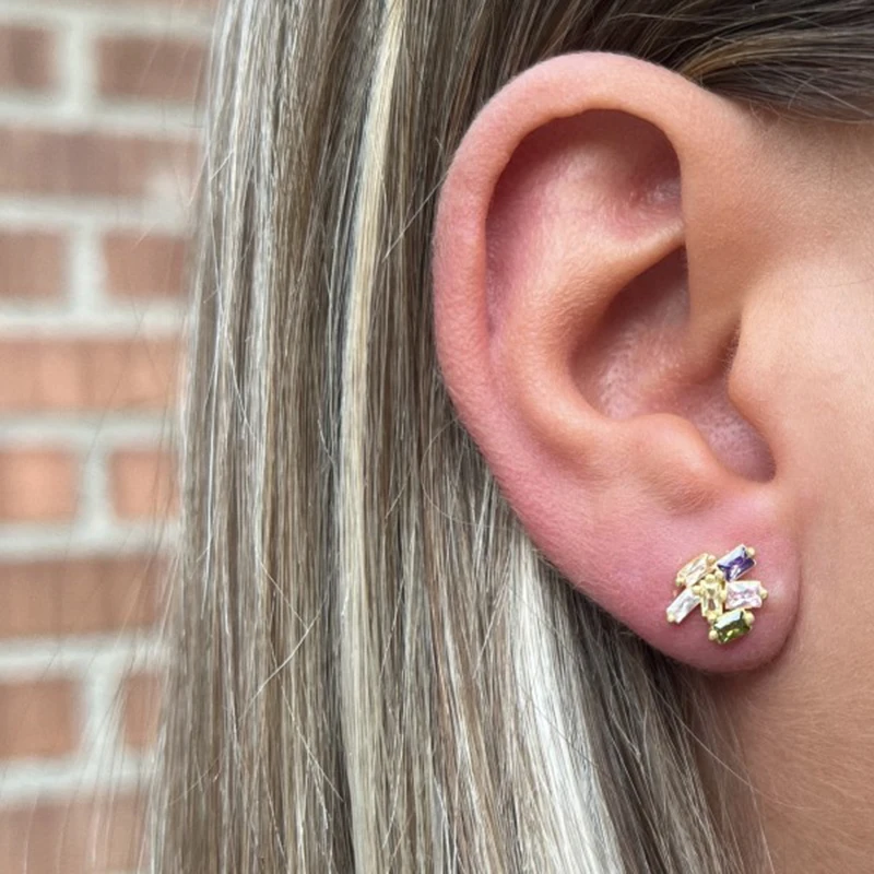925 Sterling Silver Needle Irregular Rectangle Colorful Zircon Stud Earring for Women Trendy Charm Earring Weekend Party Jewelry
