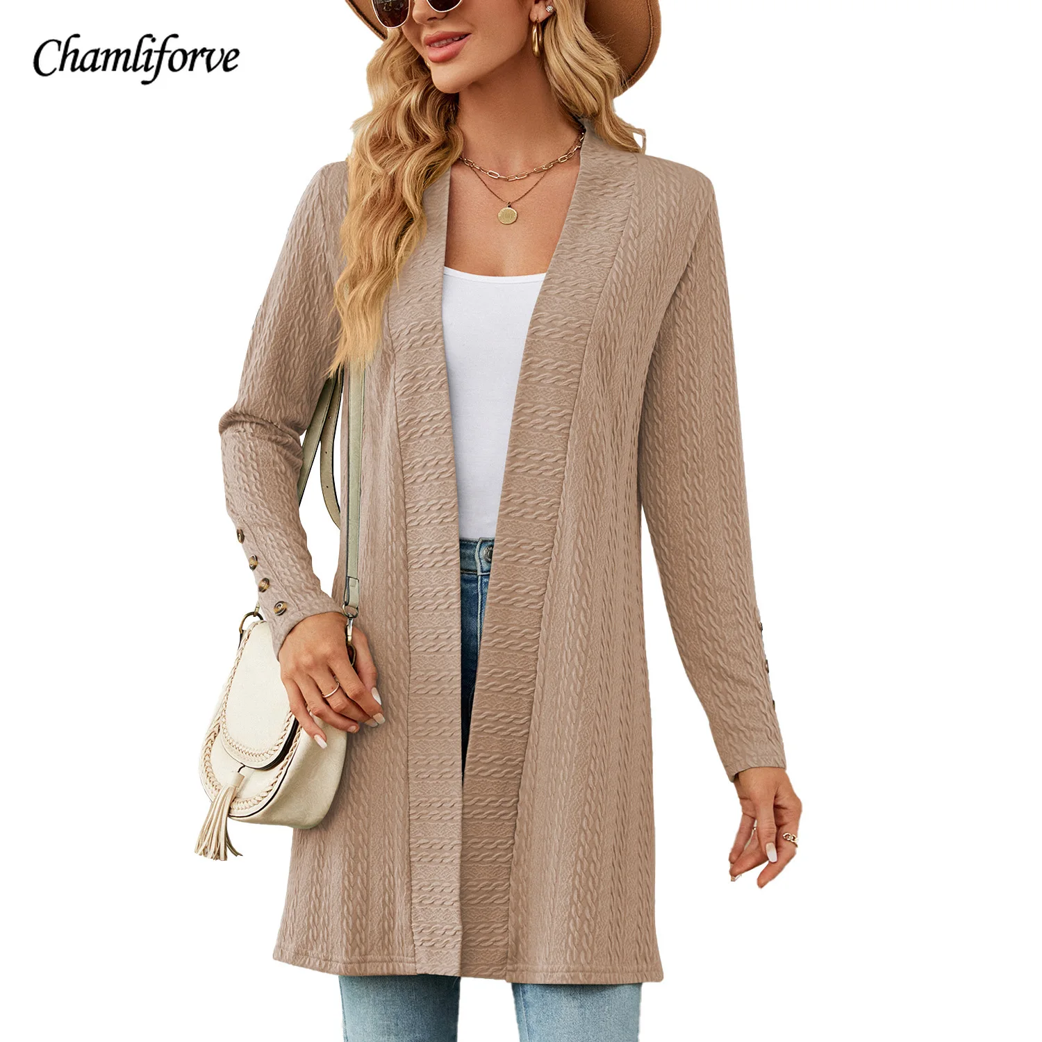 chamliforve 2023 autumn and winter new solid color button long sleeve loose cardigan coat for women coat women winter jacket