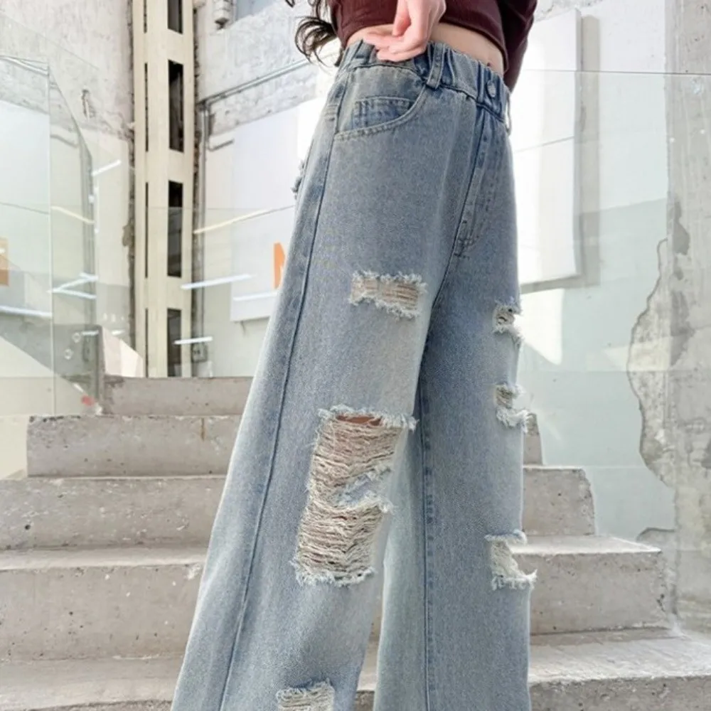 Ripped Wide Children Jeans Straight High Waist Blue Teen Girl Jeans Loose Leg Streetwear Girls Denim Trousers Spring Autumn