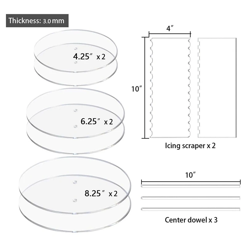 A25F-Acrylic Round Cake Disk Set,Acrylic Cake Discs Set,Comb Scrapers,Dowel Rods,Icing Scraper,Acrylic Scraper Smoother