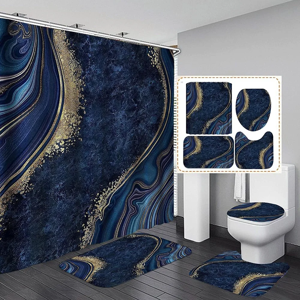 Navy Blue Marble Shower Curtain Set Non-Slip Rugs Toilet Cover Bath Mat Gold Swirls Ripples Ink Marble Waterproof Bath Curtains