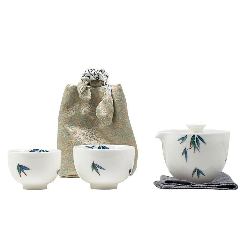 Portable Bamboo Painting Porcelain Tea Set 1 Teapot 2 Cups Travel Tea Ware for Camping Office Use White Ceramic Gift