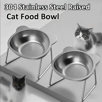 Cat Bowl 304 Stainless Steel Raised Cat Food Bowl Slanted Neck Guard Unbreakable Drinking Water Bowl Supplies For Puppy Cat