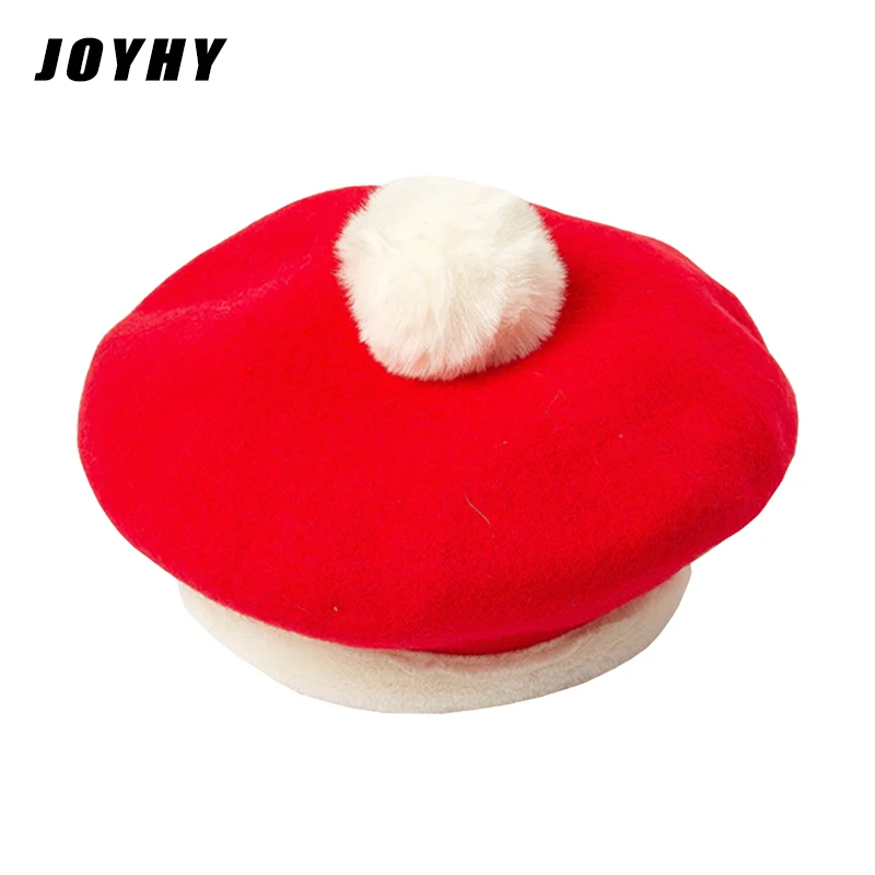 

JOYHY Women's Cute Christmas Party New Year Pompon Artist Wool Berets Cap Femme Block Color Red Green Baret Beanie Barrette Hat