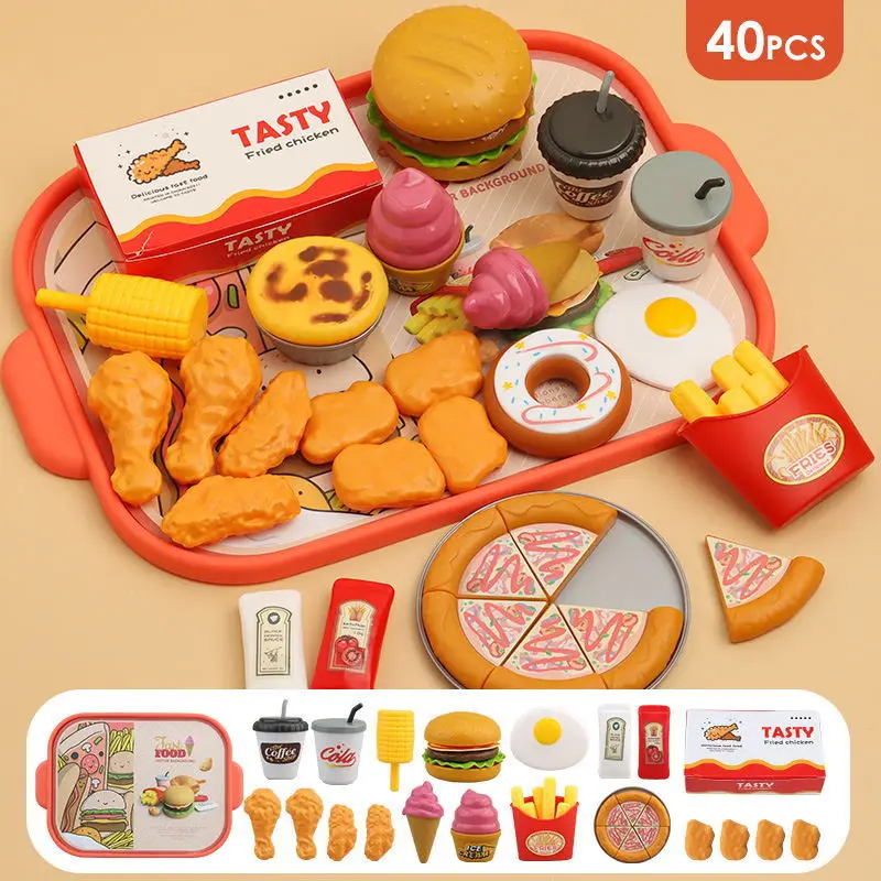 Simulation Food Kitchen Toys for Kids Pretend Play Cooking Toy Cookware Pot Hamburger Hot Dog Fries Parent-Child Interactive Toy