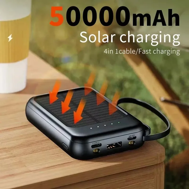 50000mAh 태양광 보조배터리 대용량 초고속 충전 내장 4개 케이블 파워뱅크 야외용 예비 배터리 휴대폰용