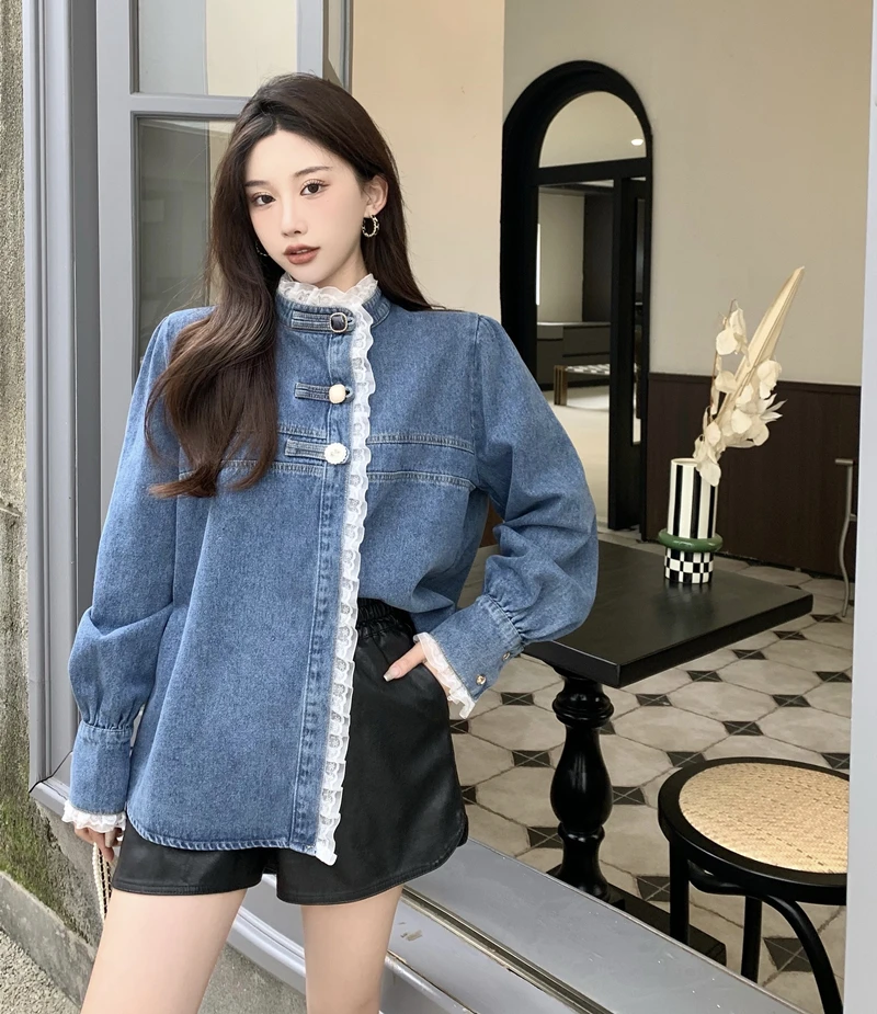 2022 Spring Lace Denim Shirt Women Fashion Patchwork Long Sleeve Blouse Female Loose Stand Collar Button Down Jean Shirts Woman
