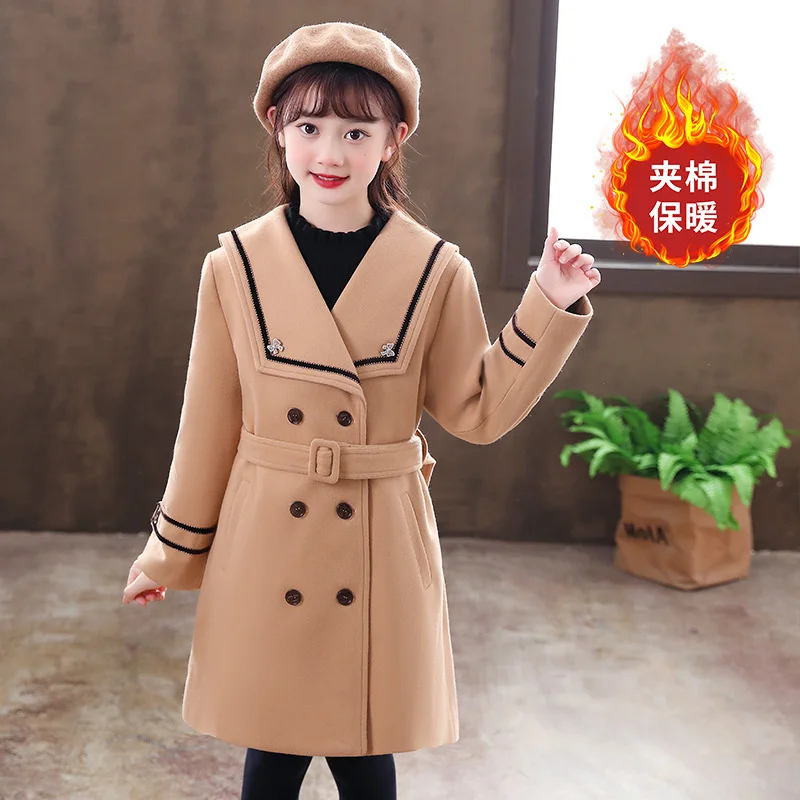 

Girls Woolen Coat Jacket Cotton Outwear Overcoat 2022 Khaki Warm Thicken Plus Velvet Winter Teenager Children's Clothing