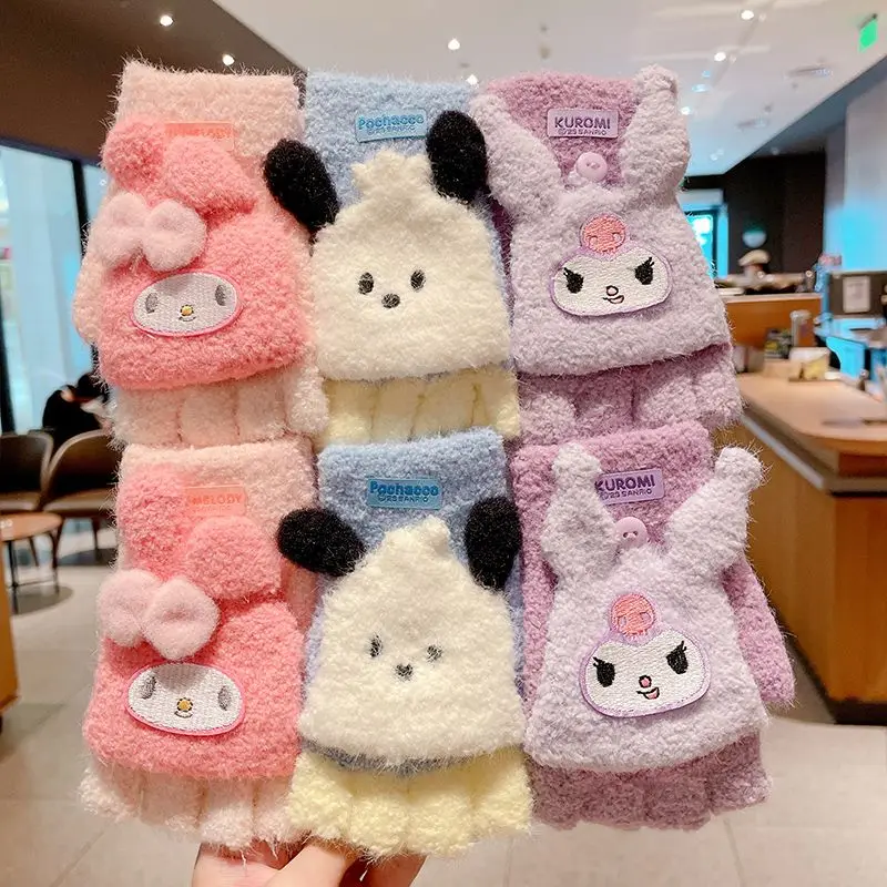 

Kawaii Sanrios Plush Gloves children Cartoon Winter Flip Open Fingered Gloves Knitting for Cold Protection Gift Toys For Girls