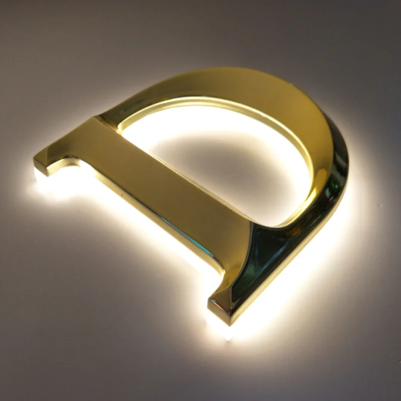 

Custom made outdoor 3D back lit gold stainless steel LED letters shop name signs, back lighted store business signs logo