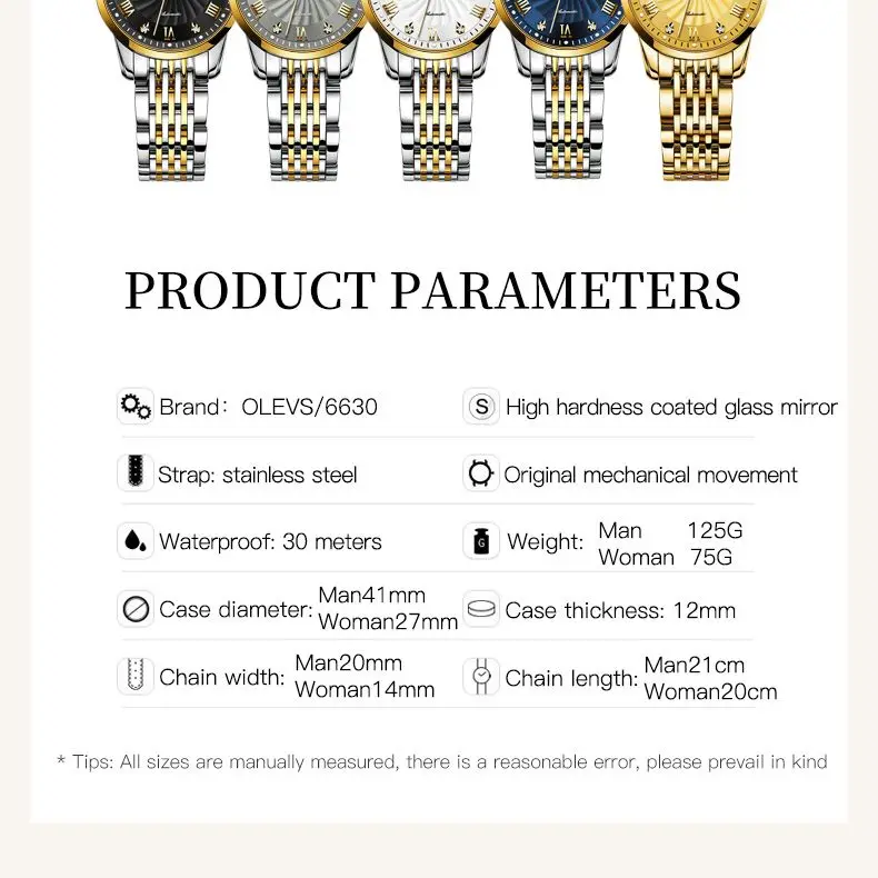 OLEVS 6630 Couple Watch Roman Diamond Scale Dual Calendar Cyclone Dial Automatic Mechanical Watch for Men Women Sets Gift