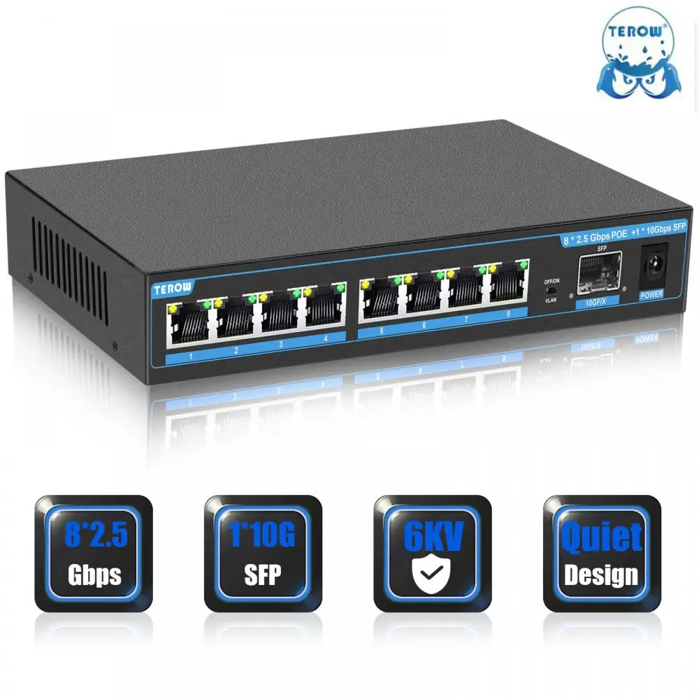 

TEROW 2.5 Gigabit Switch 8 Port 2.5G POE Switch +1 Port 10G SFP Ethernet Network Switch Unmanaged LAN Hub for Wireless AP VDI