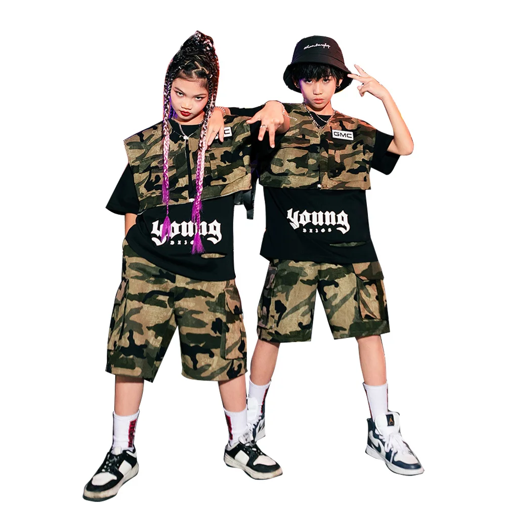 

Kids Boys Hip Hop Costume Girls Streetwear Camouflage Vest Short Pants Suits Children Vest Shorts Sets Performance Dance Clothes