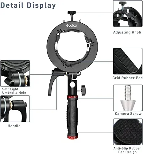 Godox S2 Flash Holder Bracket S-type Bowens Mount Lamp Holder Handheld for Godox Flash Light Snoot Softbox Beauty Dish Honeycomb