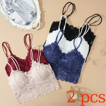 2pcs Sexy Bra Women Lace Bralette Floral Lingerie Underwear Wireless Padded Brassiere Seamless Ultra Strap Wire Free Bras Vest 1