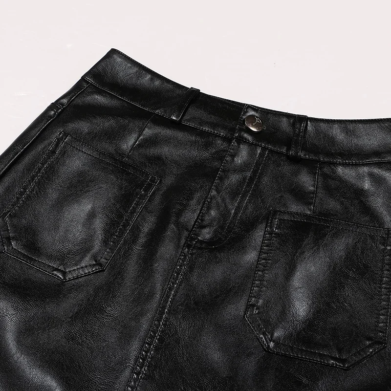 ZUZK Women Long PU Leather Bodycon Skirts New Fall Winter Front Slit High Waist Straight Fashion Skirt Pocket Warm Pu Skirt