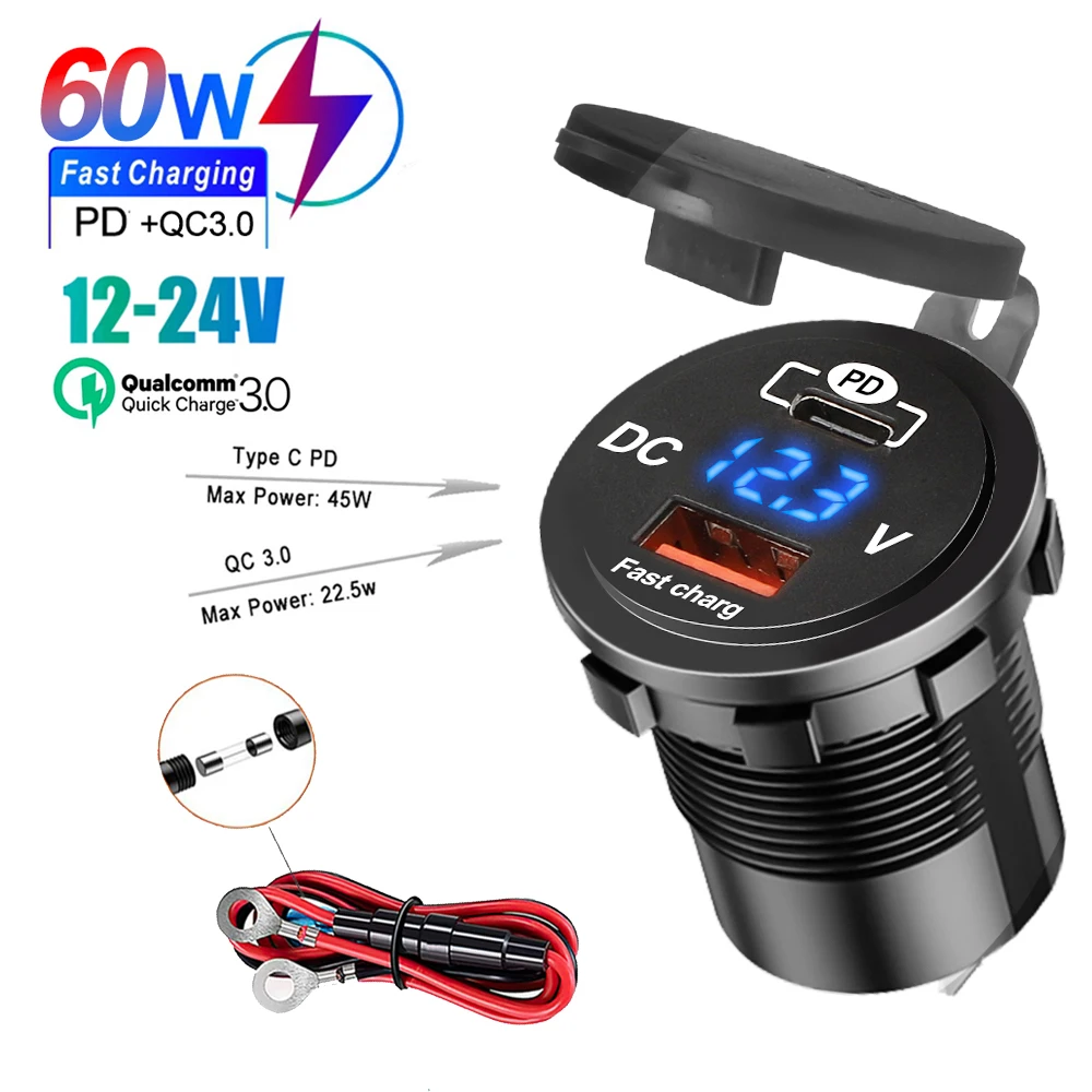 Car Charger 60W PD QC3.0 Car Charger Socket Voltage Meter Quick Charge 3.0 Socket Power Outlet For 12V/24V Motorcycle Truck Boat