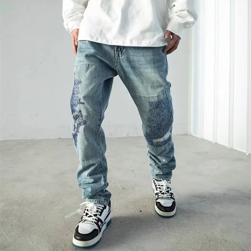 Y2K Streetwear Patch Embroidery Ripped Stacked Jeans Pants Men Clothing Straight Old Hip Hop Denim Trousers Pantalon Homme