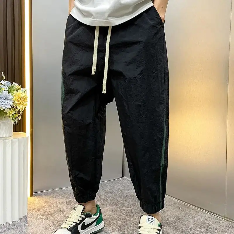 2024 Summer Men's Thin Quick Drying Striped Spliced Outdoor Sports Casual All-match Loose Drawstring Elastic Waist Harlan Pants