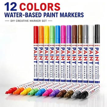 Set di 12 Pennarelli Permanenti per Marcatura, Creazione Artistica, Graffiti, Impermeabili, ad Asciugatura Rapida, a Base d'Acqua, Strumento per Casa e Ufficio