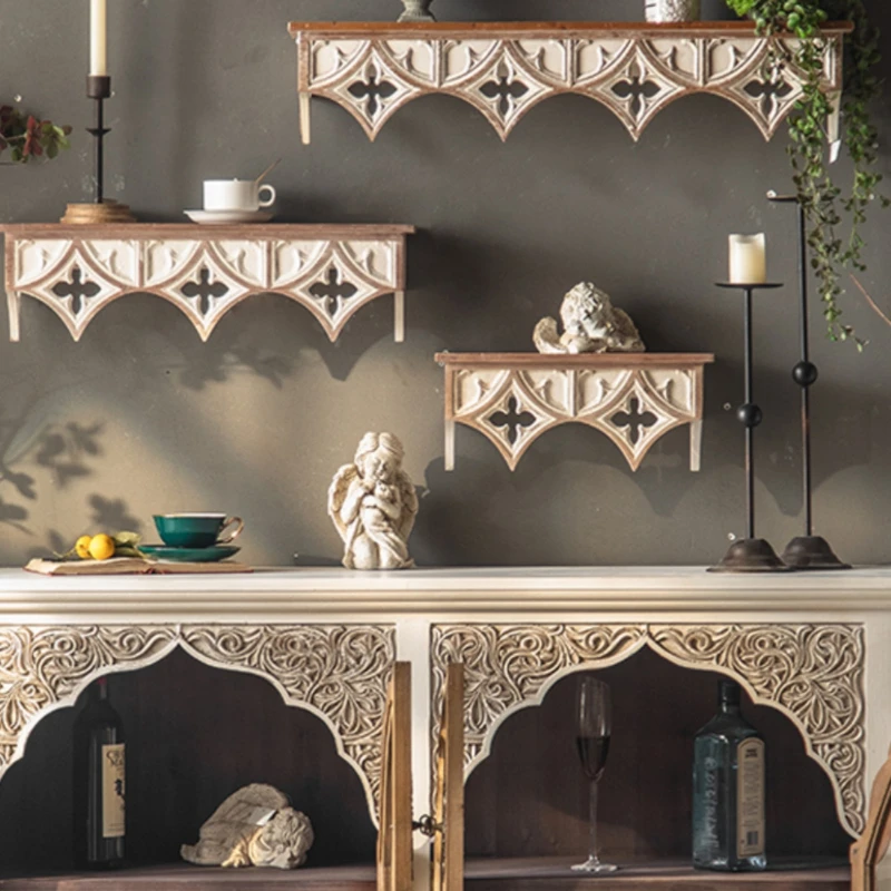 

American Retro Living Room Shelf Wood Carving French Restaurant Wall Decoration Simple Storage
